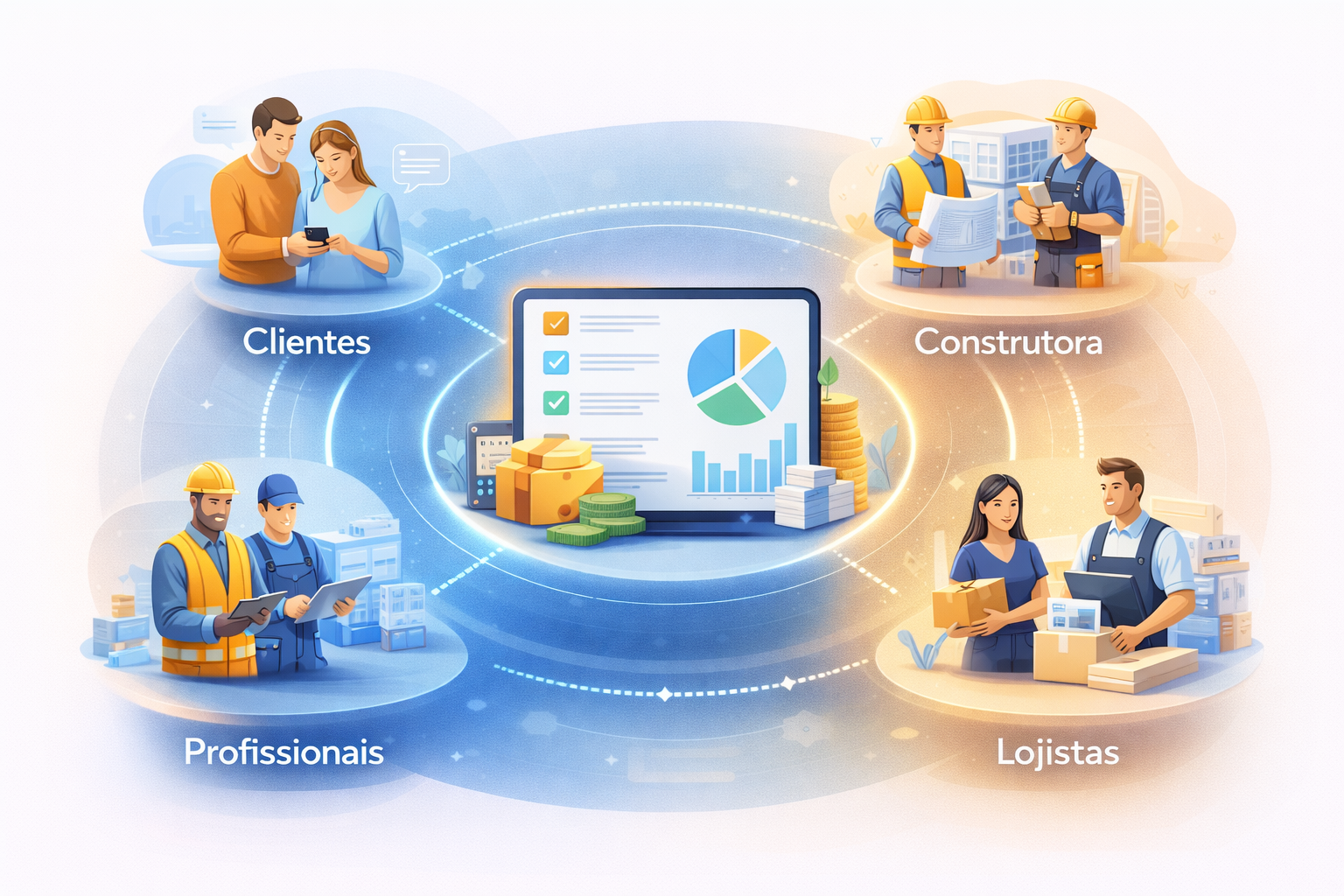 Ecossistema CronoObras integrando clientes, construtora, profissionais e lojistas em uma operação central.